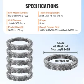 Vevor Natodraht 75 m (5 Rollen x 15 m) Stacheldraht Spirale Sperrdraht Stacheldrahtzaun (0,51 mm) scharfe Klingen und (ca. 4 mm) dicke Kerndrähte