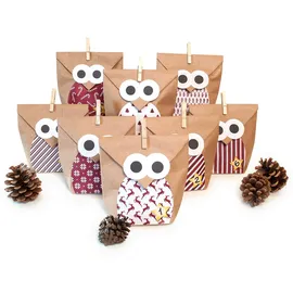 Pajoma Adventskalender zum Befüllen Eule rot 24 Kraftpapiertüten Geschenktüten Weihnachten, Weihnachtskalender Bastelset inkl. Aufkleber, Klammern von pajoma