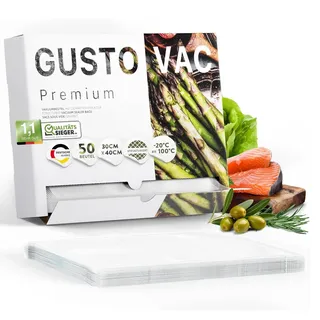 GustoVac Premium Vakuumbeutel, 50 Stk. 30x40cm Profi- Folienbeutel, Vakuumierbeutel für Vakuumierer, Kochfest & Sous Vide Gefrierbeutel, Lebensmittel Vakuumiergerät, Made in Netherlands, BPA-frei