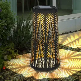 ETC Shop Solarlampe Tisch aussen Solarlicht Tisch für Außen Solar Laterne Balkon schwarz, Säule mit Lichteffekt, goldenes Innere,1x LED warmweiß, H 24,5 cm