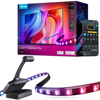 Govee TV Hintergrundbeleuchtung 3 Pro mit HDR-Dreifachkamera, 3,6M 5 in 1 RGBWWIC TV LED Streifen für 55–65 Zoll TVs, 75 LEDs/M, Unterstützt AI-Filter, Sprach- & APP-Steuerung DreamView Sync