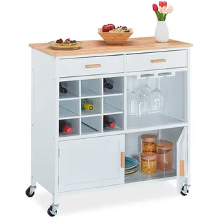 Relaxdays Küchenwagen, HxBxT: 88,5 x 86 x 41 cm, Arbeitsplatte, Weinregal, Gläserhalter, Küchenschrank mit Rollen, weiß