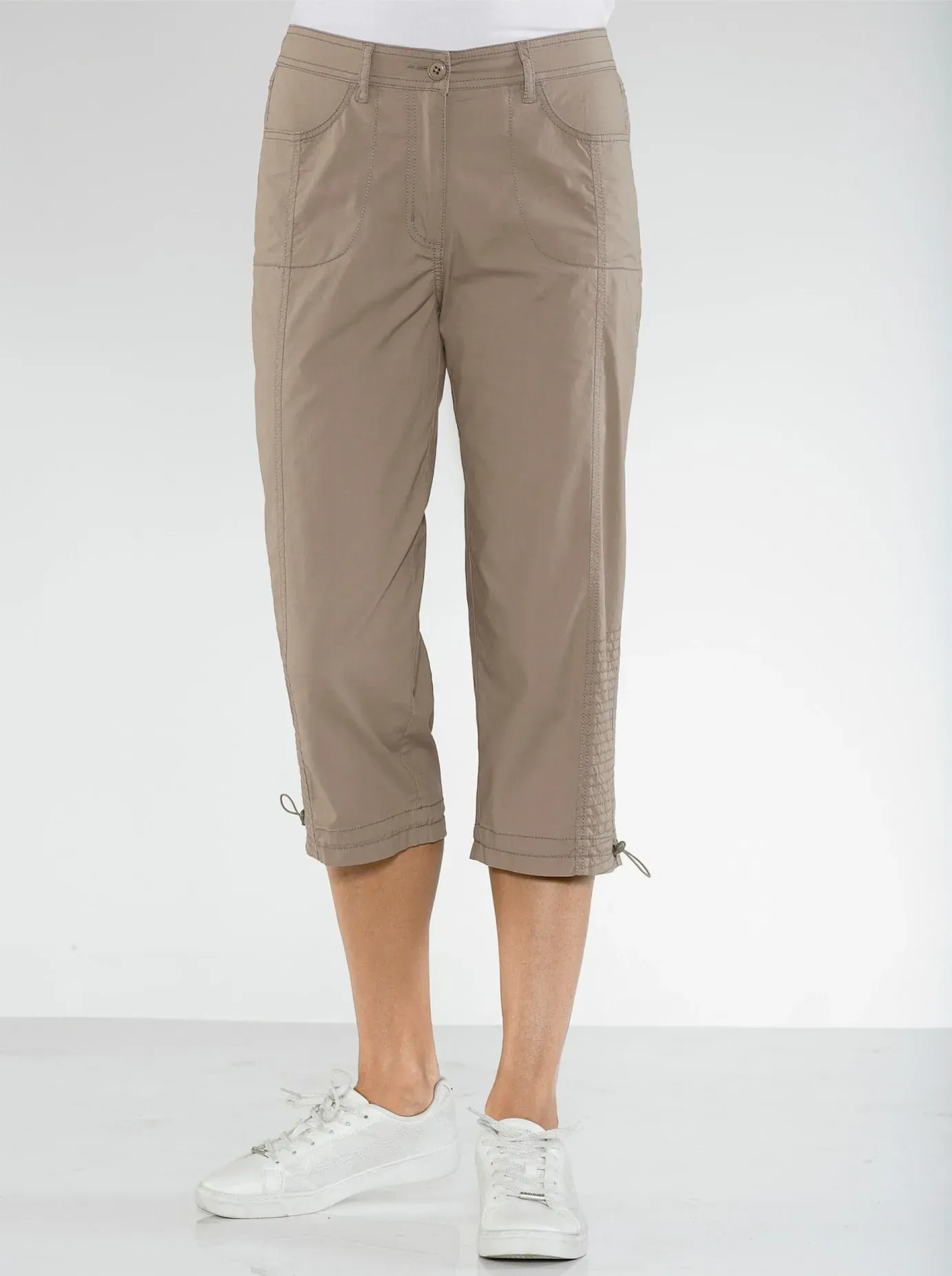 Caprihose CASUAL LOOKS, Damen, Gr. 40, Normalgrößen, grau (taupe), 98% Baumwolle, 2% Elasthan, unifarben, 3/4-Länge, Hosen Caprihose, Topseller