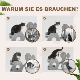 PawHut Katzen Kletterwand, Katzenliege mit Stufen, Katzenhöhle, Sprungturm, Spielzeugball, Katzenplattform für Katzen bis 5 kg, Hellgrau