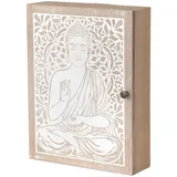 ROCKING GIFTS Schlüsselkasten Buddha für Wand oder Tischplatte, weiß und braun, MDF Holz, Schlüssel-Organizer für Eingang Flur, ethnische Dekoration, 26 cm