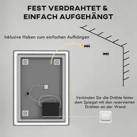 Homcom Badspiegel Dimmbar Badezimmerspiegel, Lichtspiegel Beschlagfrei mit 3 Lichtfarben Silber