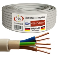 OKSI 100m NYM-J 5x1,5 mm2 Mantelleitung Feuchtraumkabel Elektrokabel Kupfer Made in Germany