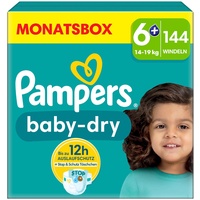 Pampers Windeln Größe 6+ (14-19kg) Baby-Dry, Extra Large, MONATSBOX, bis zu 12 Stunden Rundum-Auslaufschutz, 144 Stück