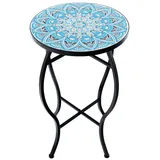 COSTWAY Gartentisch, Mosaiktisch rund aus Metall & Keramik, ∅30x50cm blau