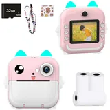 SYFUNLV Display Digitalkamera Kinder,Selfie Digitalkamera Kinder,DigitalKamera Print,2.4 Zoll Kinderkamera,Sofortbildkamera mit Farbigen Stiften,mit 3 Rollen Druckpapier & 32GB TF Karte (Rosa)