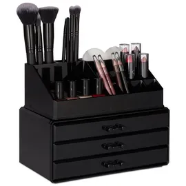 Relaxdays 2 x Make Up Organizer klein, 2-teilige Schminkaufbewahrung mit Schubladen, stapelbares Kosmetikregal, schwarz