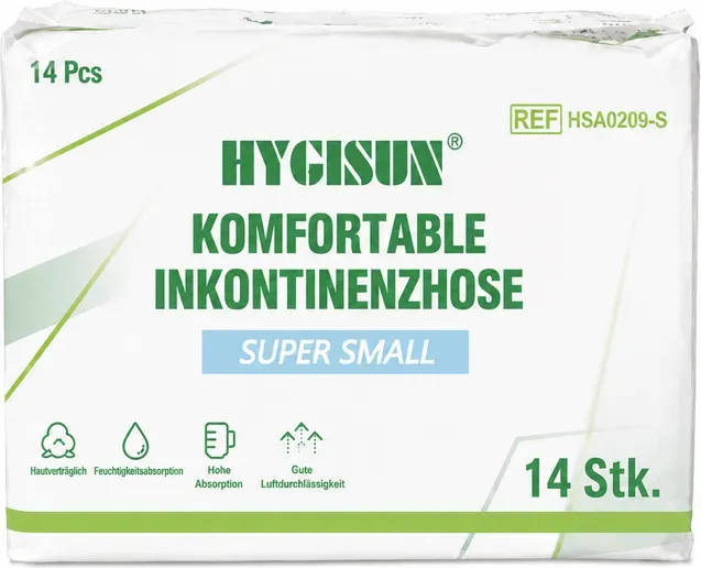 HYGISUN Premium Unisex Erwachsenenwindeln, Ultra-Saugfähig, 14 Stück, Vorteilspack, Größe S (14 pro Beutel) EU