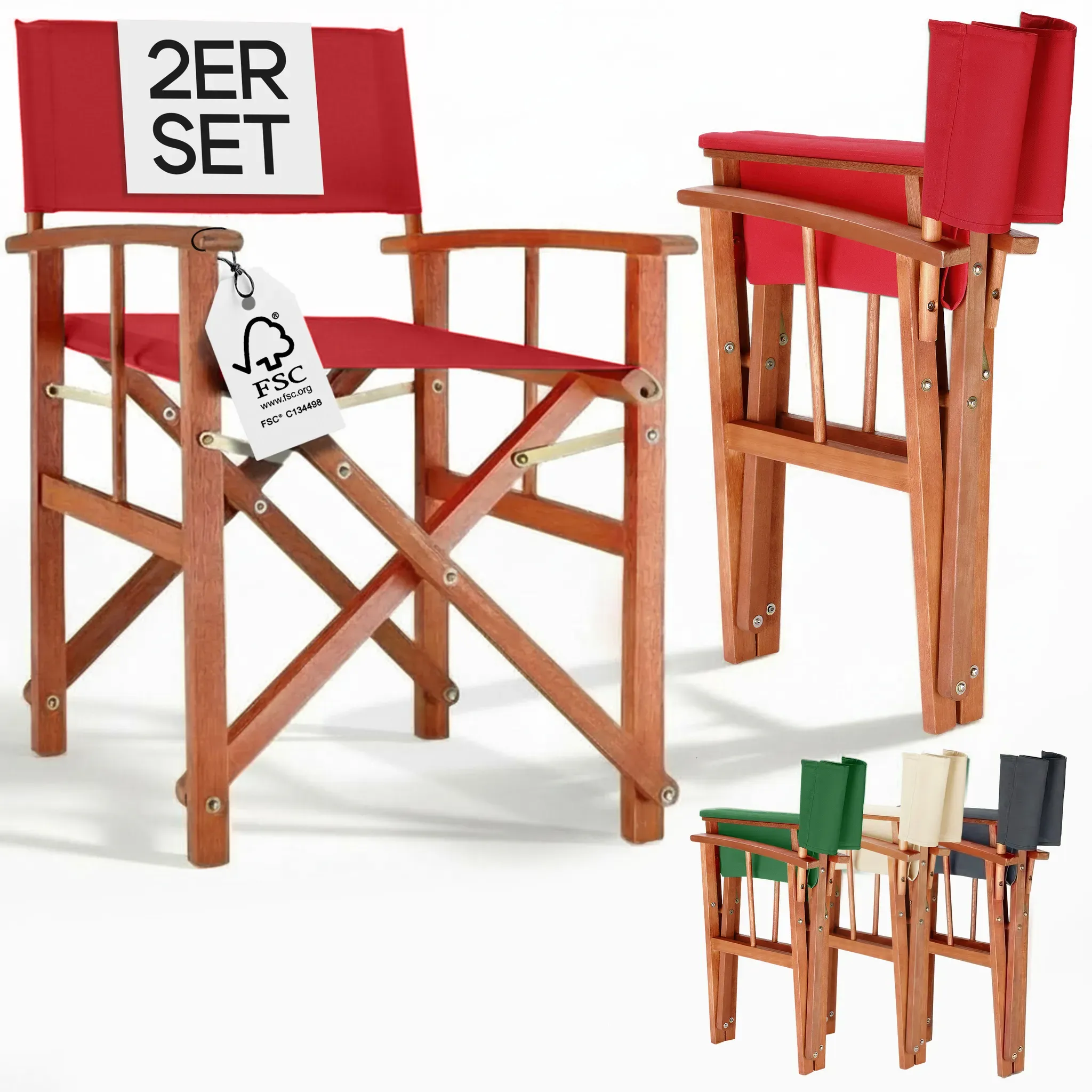 Director's chair red set of 2 eucalyptus wood FSC®-certified Folding garden chair up to 160kg