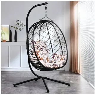 RAMROXX Luxus Hängesessel New XXL Gestell mit Korb Schwarz und Kissen Blumenmuster