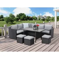MeXo Gartenlounge-Set Rattan Gartenmöbel Set wetterfest für 8-9 Personen, (Lounge Set, 7-tlg., 3x Hocker, 2x 2er Sofa, 1xEcksofa, Tisch 132x76x67cm, Inkl. Auflagen), Garten-Essgruppe outdoor, Polyrattan/Stahl, individuell aufstellbar schwarz