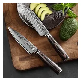 Wakoli EDIB Essentials 2er Damastmesser-Set - Küchenmesser Set aus 67 Lagen Damaststahl, Kochmesser-Set mit kleinem Chefmesser, Santokumesser, Pakkaho