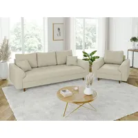 S-Style Möbel Polstergarnitur 3+1 Zara mit Braun Holzfüßen im skandinavischen Stil aus Cord-Stoff, (1x 3-Sitzer-Sofa, 1x Sessel), mit Wellenfederung beige