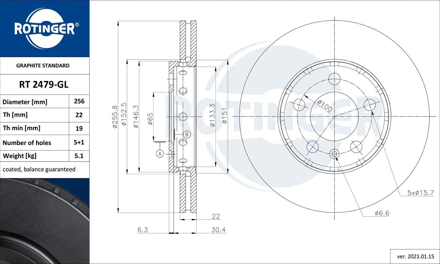 ROTINGER Bremsscheibe rt2479gl Vorderachse 256mm 22mm für BRILLIANCE VW VAG (SVW) (FAW) Skoda SEAT JETTA