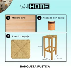 WellHome - Rustikale quadratische hohe Bank aus Holz, lackiert 32,5x32,5x70 cm