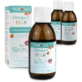 NORSAN Omega 3 FISK Fischöl hochdosiert 3er Pack (3x 150 ml) / Omega 3 für Kinder 1.030mg pro Portion/Omega 3 Öl mit EPA & DHA/Tagesdosis 1 TL Omega 3 Premium Öl für Kinder