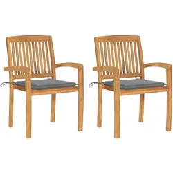 vidaXL 2x Teak Massiv Gartenstuhl mit Grauen Kissen Stapelbar Essstuhl Holzstuhl Stapelstuhl Gartensessel Gartenmöbel Stuhl Stühle Sessel Gartenstühle