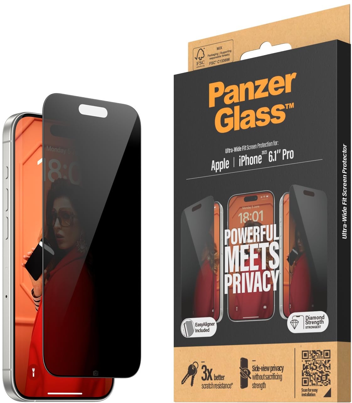 PanzerGlass - Privacy Screen Protector iPhone 15 Pro - Ultra-Wide Fit w. EasyAligner