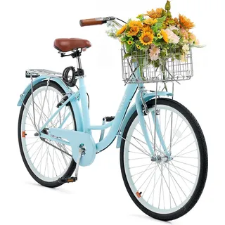 VEVOR Cruiser Fahrrad (Reifendurchmesser 660,4 mm) Beach Fahrrad mit großem Korb & Gepäckträger, Cruiser-Fahrrad mit verstellbarem Sitz, für Ra... - Hellblau
