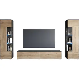 INOSIGN Wohnwand INOSIGN "Kenia, Vitrine Türanschlag links/rechts wechselbar", grau (matera anthrazit, kastanie breslau), Glas, Hartfaserplatte, Holzwerkstoff, Kunststoff, Kastenmöbel-Sets, Wohnwand, Vitrinen mit Eckverglasung, hängend und stehend montierbar