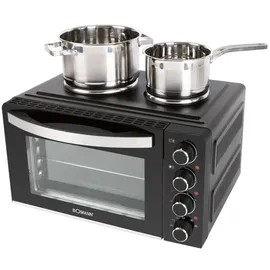 Bomann KK 6059 CB Kleinküche, 28 Liter Mini-Backofen mit 2 Kochplatten, Umluft, Ober- & Unterhitze, Drehspieß, Cool-Touch-Griff, 3100 Watt, Schwarz