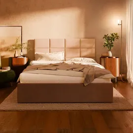 mebligo Polsterbett 160x200 cm mit Lattenrost, stabiles Doppelbett mit dekorativem Kopfteil, ohne Bettkasten, Samt, Braun, YORK 160 x 200 - Braun