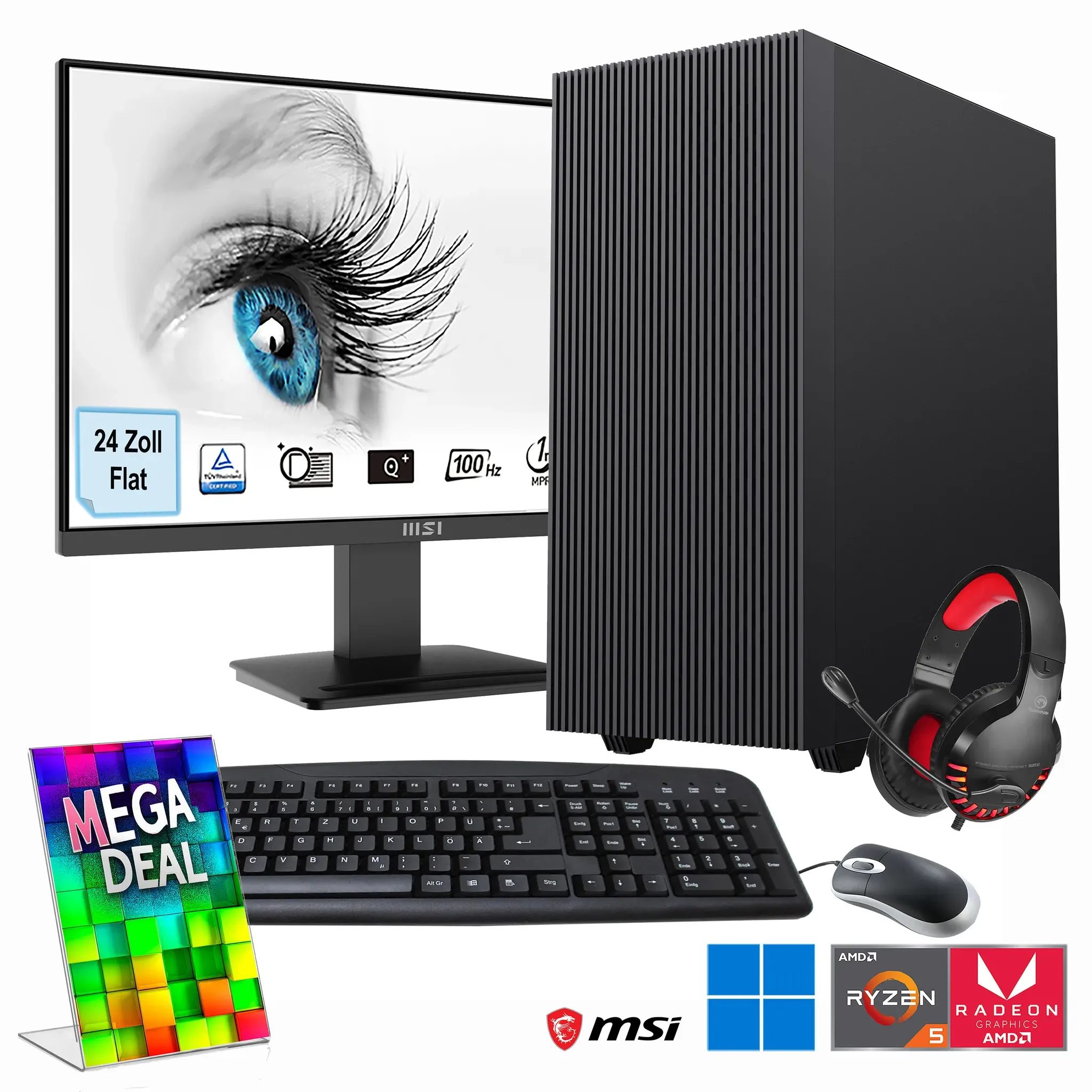 GameMax MegaDeal Multimedia PC SET2472 7372 + MSI PRO MP2412DE + Maus, Tastatur & Headset (AMD Ryzen 5 5600G, 16 GB, 1000 GB), PC, Schwarz