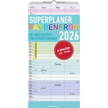 Neumann Superplaner Farbenfroh 2026 - Familien-Timer 22x45 cm - mit Ferienterminen - 3 Spalten - Wand-Planer - mit vielen Zusatzinformationen - Alpha Edition