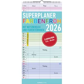 Neumann Superplaner Farbenfroh 2026 - Familien-Timer 22x45 cm - mit Ferienterminen - 3 Spalten - Wand-Planer - mit vielen Zusatzinformationen - Alpha Edition