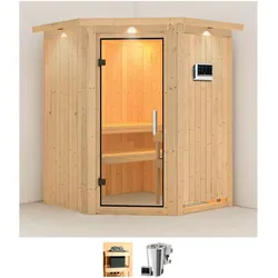 Sauna KARIBU "Nanna", beige (naturbelassen), Bio-Kombiofen, externe Steuerung, 3,6 kW, Saunen, 3,6-kW-Bio-Plug & Play Ofen mit externer Steuerung