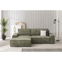 Ecksofa HOME AFFAIRE "SHERWOOD Schlafsofa 267 cm, L-Form", grün (olivgrün), B:267cm H:85cm T:167cm, 100% Polyester, Sofas, Ecksofa, Schlaffunktion mit Bettkasten (210x136 cm), Cord, Vintage, Samtvelours