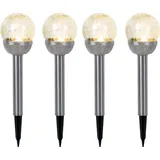 Expo Börse Solarlampe Erdspieß Außenleuchte Glaskugel Gartenlampe Steckleuchte, Kunststoff silber Edelstahl, Akku, LED Warmweiß, H 34,5 cm, 4er Set