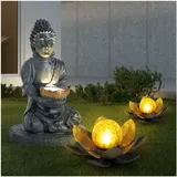 GLOBO 3er Set LED Solarleuchten, 2x Lotosblume, 1x Buddha