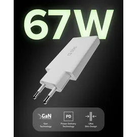 SBS GaN ultraflaches 67-Watt-Ladegerät mit zwei USB-C Power Delivery-Anschlüssen, europäischer Stecker - Weiß