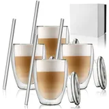 ANWA® DESIGN 4 Doppelwandige Kaffeegläser/Thermogläser (350ml Volumen) mit Deckel, inkl. 4 Glasstrohhalme - Cappuccino Gläser - Latte Macchiato Gläser doppelwandig