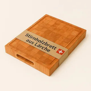 Schneidebrett Holz Gross mit Griffen und Silikonfüßen, Holzbrett Küche aus Lärche antibakteriell und messerschonend mit einer Saftrille, Dimensionen: 40 x 30 x 4 cm