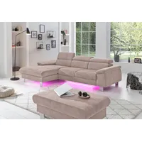 Ecksofa COTTA "Komaris L-Form" Sofas Gr. B/H/T: 244cm x 72cm x 166cm, Microfaser PRIMABELLE, Recamiere links, mit Bettfunktion-mit Bettkasten-mit RGB-LED-Beleuchtung, braun (mud) mit Kopfteilverstellung, wahlweise Bettfunktion,Stauraum & Beleuchtung