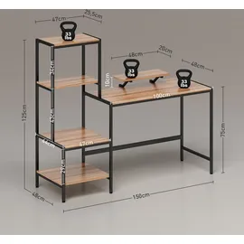 Homcom Schreibtisch Computertisch mit Monitorständer, CPU-Ständer, Bürotisch mit Druckerablage, PC Tisch mit 4 Regalen, Modern-Design für Home ... - Braun