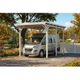 SKANHOLZ Emsland Flachdach Caravan-Carport 4,02 x 6,04 m weiß inkl. Regenrinne, Pfostenanker