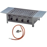 BSR-Grillen 4-flammiger Profi Gasgrill aus Edelstahl, stufenlos regelbar, Gasbräter, Gastrogrill, Gastrobräter mit Gasschlauch und Druckminderer (18,0 kW | Edelstahl Grillrost zerlegbar + Ablagen)