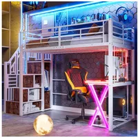 Flieks Hochbett LED Metallbett 90x200cm mit Schreibtisch Kleiderschrank Stauraumtreppe weiß