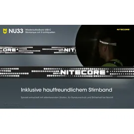 Nitecore NU33 Stirnlampe, wiederaufladbare USB-C Kopflampe mit 3 Lichtquellen, 700 Lumen
