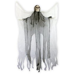 Das Kostümland Dekofigur Halloween Todesengel mit Flügeln und Totenkopf – 180 cm – Gruselige Skelett Geister Party Dekoration grau