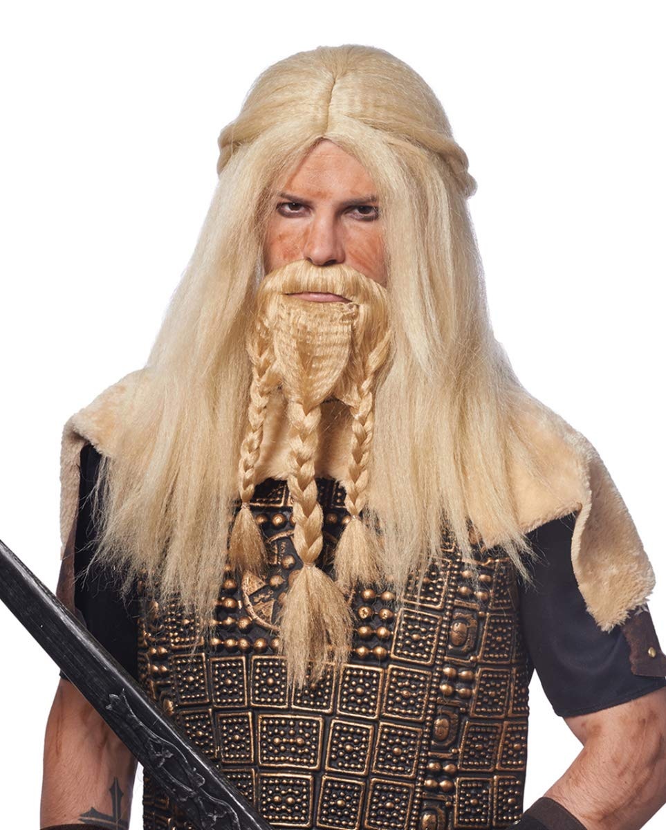 Blonde Vikinger Perücke mit Bart als Kostüm Accessoire für Halloween und Karneval