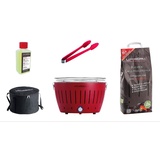 Lotusgrill Starter-Set Classic 1x Grill Feuerrot mit USB-Anschluß, 1x Buchenholzkohle 2,5 kg, 1x Brennpaste 200ml, 1x Würstchenzange (Farbe nach Vorra