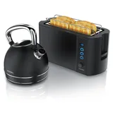 Arendo Frühstücks-Set, Wasserkocher Edelstahl 1,7l, 4 Scheiben Langschlitztoaster, 4 Scheiben Toaster, Frühstücksset, Wasserkocher Retro, 2200W... - Schwarz